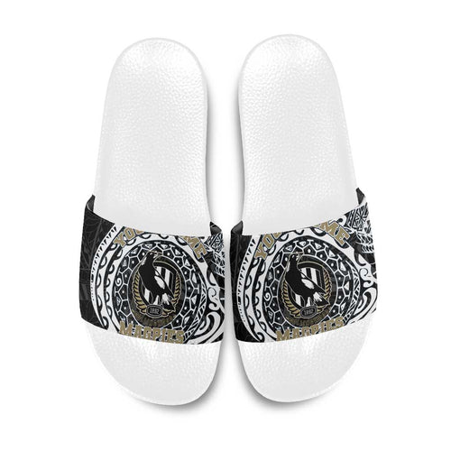 Personalized Collingwood Magpies Polynesian Slide Sandals Tribal Chest and Sleeve Tattoo Heritage Warrior