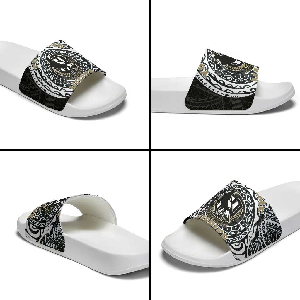 Personalized Collingwood Magpies Polynesian Slide Sandals Tribal Chest and Sleeve Tattoo Heritage Warrior