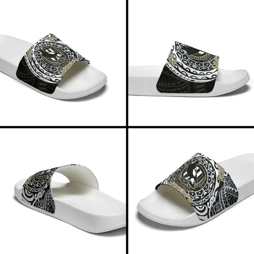 Personalized Collingwood Magpies Polynesian Slide Sandals Tribal Chest and Sleeve Tattoo Heritage Warrior