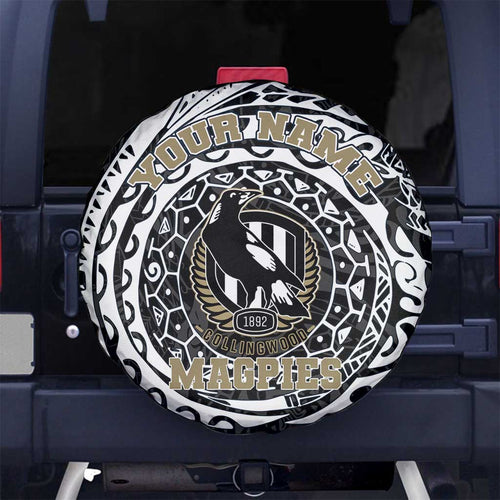 Personalized Collingwood Magpies Polynesian Spare Tire Cover Tribal Chest and Sleeve Tattoo Heritage Warrior