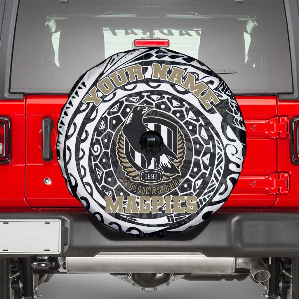 Personalized Collingwood Magpies Polynesian Spare Tire Cover Tribal Chest and Sleeve Tattoo Heritage Warrior