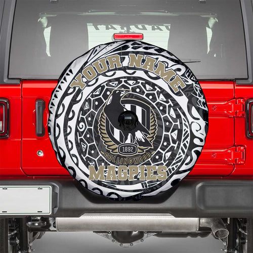 Personalized Collingwood Magpies Polynesian Spare Tire Cover Tribal Chest and Sleeve Tattoo Heritage Warrior