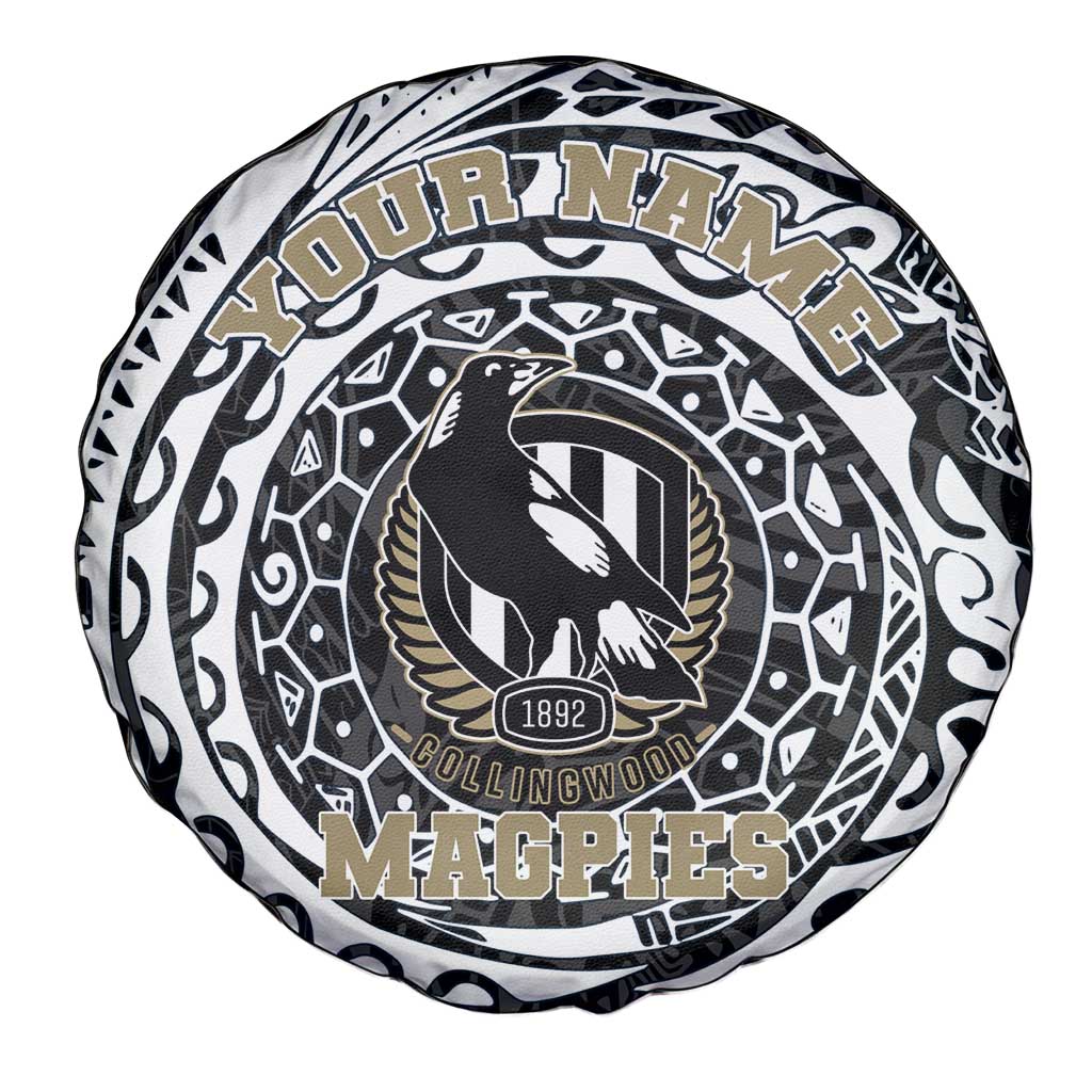 Personalized Collingwood Magpies Polynesian Spare Tire Cover Tribal Chest and Sleeve Tattoo Heritage Warrior