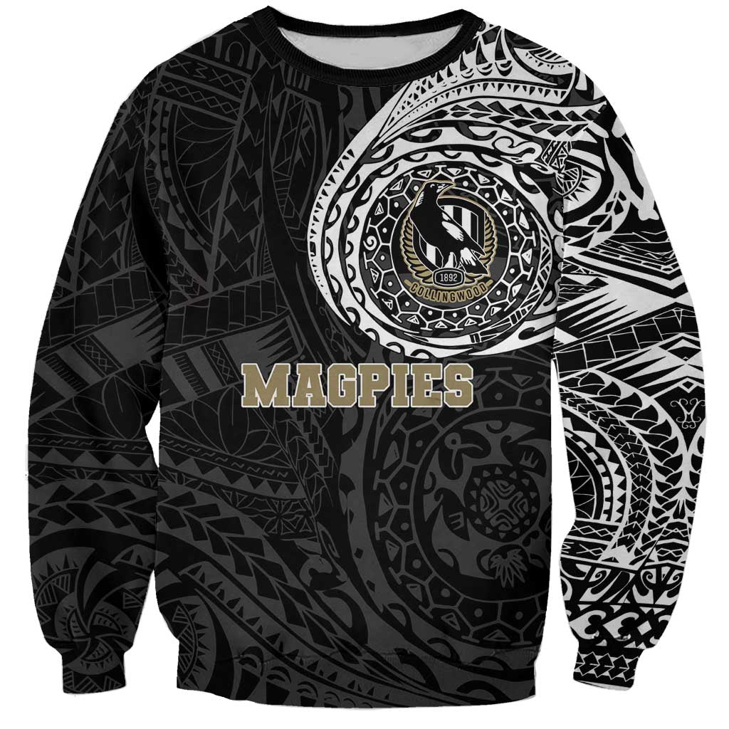 Personalized Collingwood Magpies Polynesian Sweatshirt Tribal Chest and Sleeve Tattoo Heritage Warrior