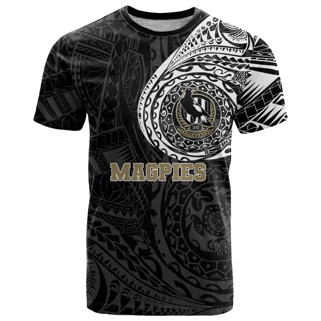 Personalized Collingwood Magpies Polynesian T Shirt Tribal Chest and Sleeve Tattoo Heritage Warrior