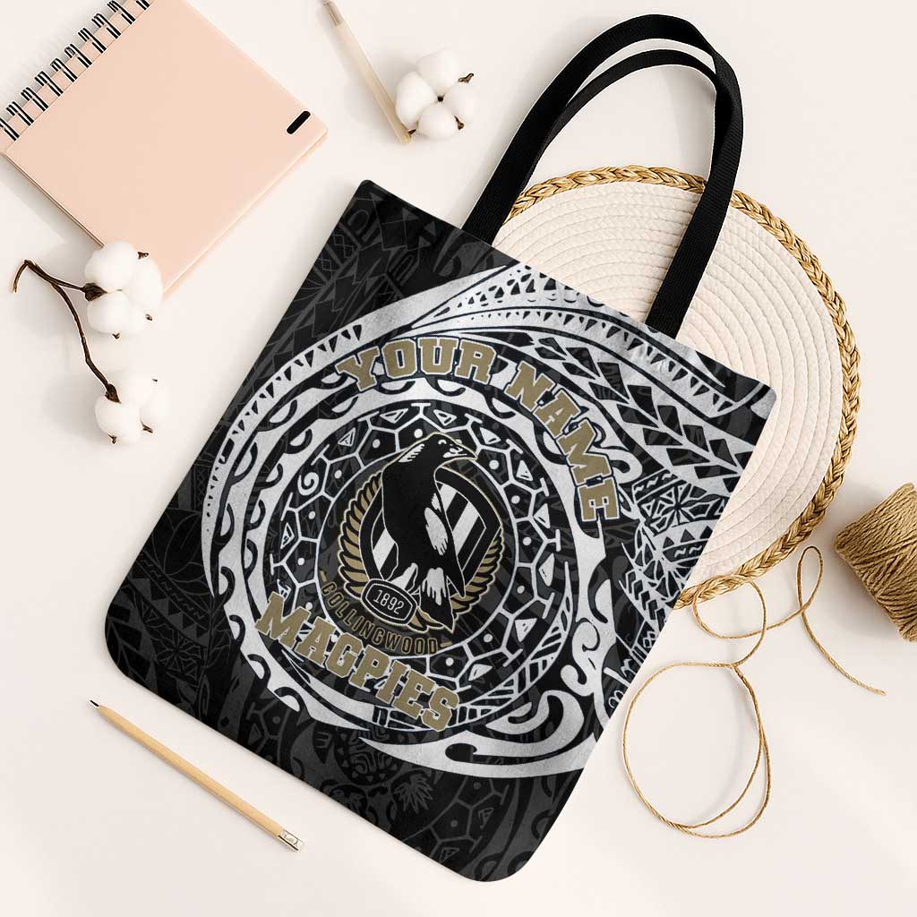 Personalized Collingwood Magpies Polynesian Tote Bag Tribal Chest and Sleeve Tattoo Heritage Warrior