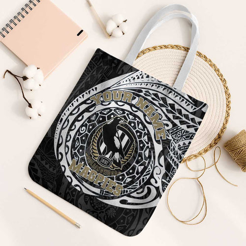 Personalized Collingwood Magpies Polynesian Tote Bag Tribal Chest and Sleeve Tattoo Heritage Warrior