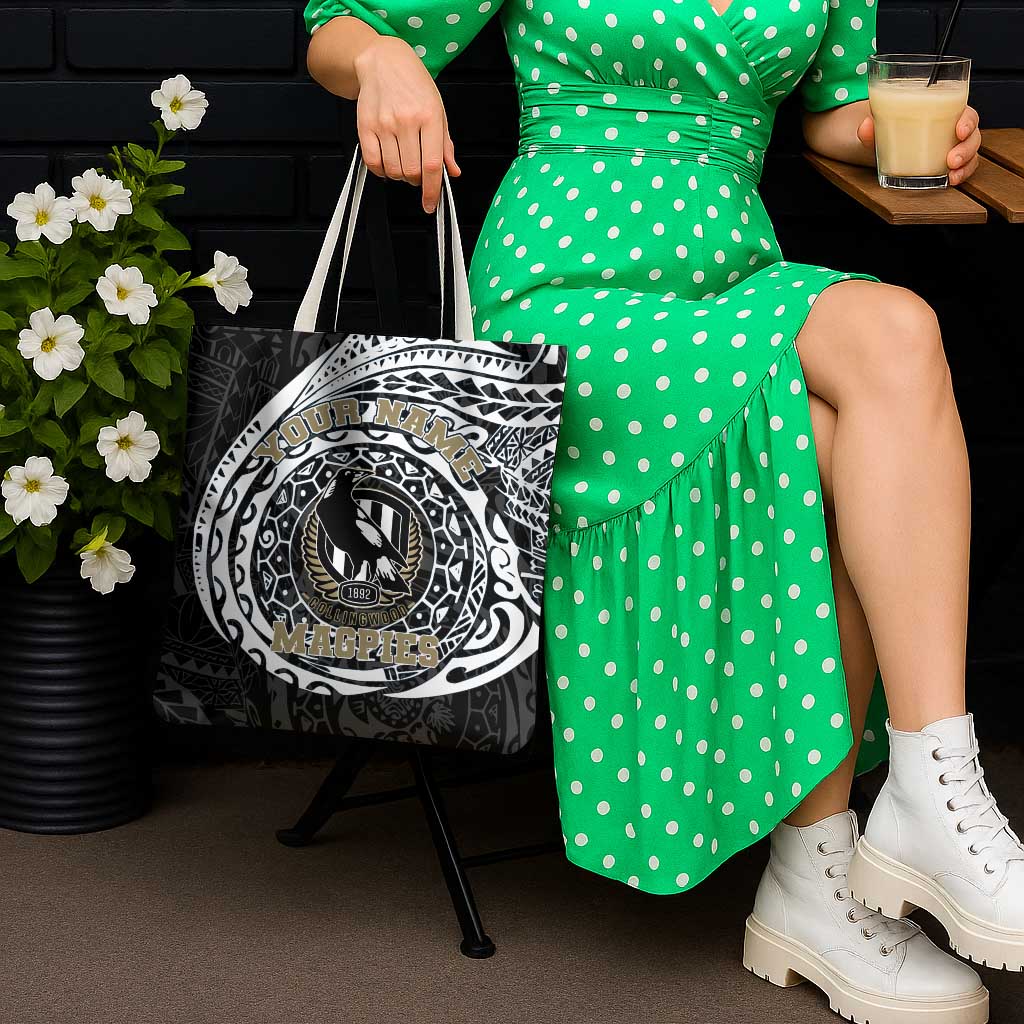 Personalized Collingwood Magpies Polynesian Tote Bag Tribal Chest and Sleeve Tattoo Heritage Warrior