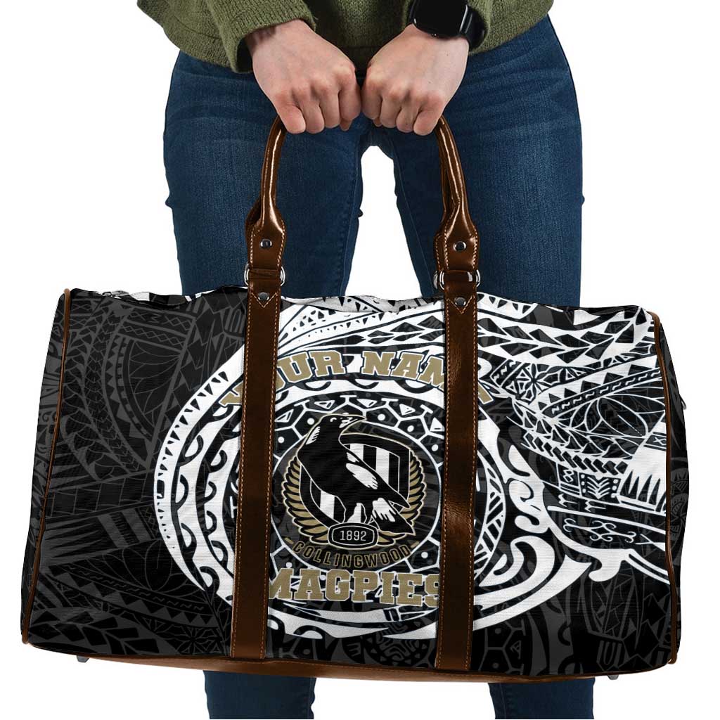 Personalized Collingwood Magpies Polynesian Travel Bag Tribal Chest and Sleeve Tattoo Heritage Warrior
