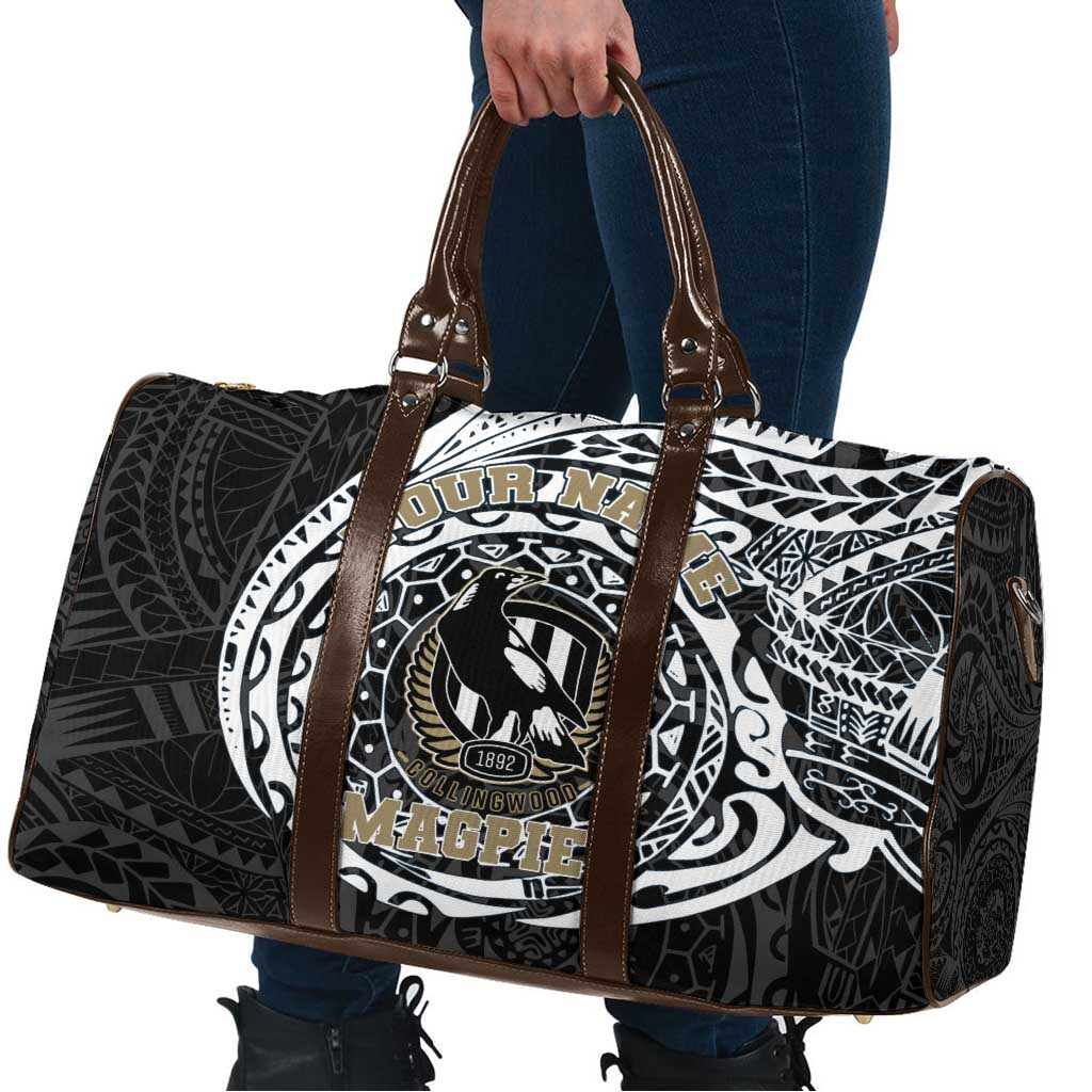 Personalized Collingwood Magpies Polynesian Travel Bag Tribal Chest and Sleeve Tattoo Heritage Warrior