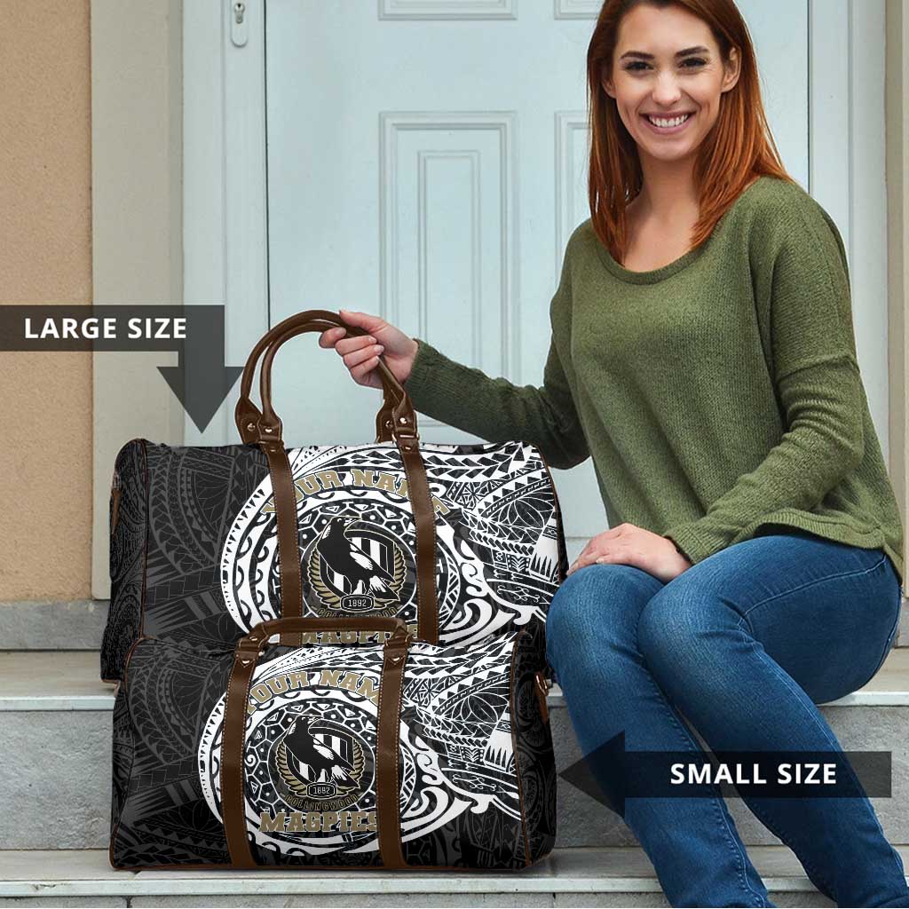 Personalized Collingwood Magpies Polynesian Travel Bag Tribal Chest and Sleeve Tattoo Heritage Warrior