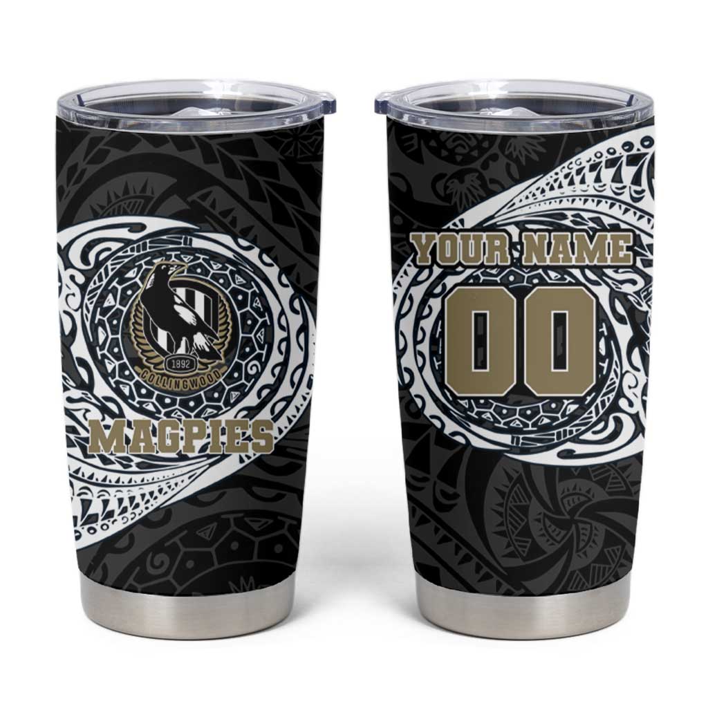 Personalized Collingwood Magpies Polynesian Tumbler Cup Tribal Chest and Sleeve Tattoo Heritage Warrior