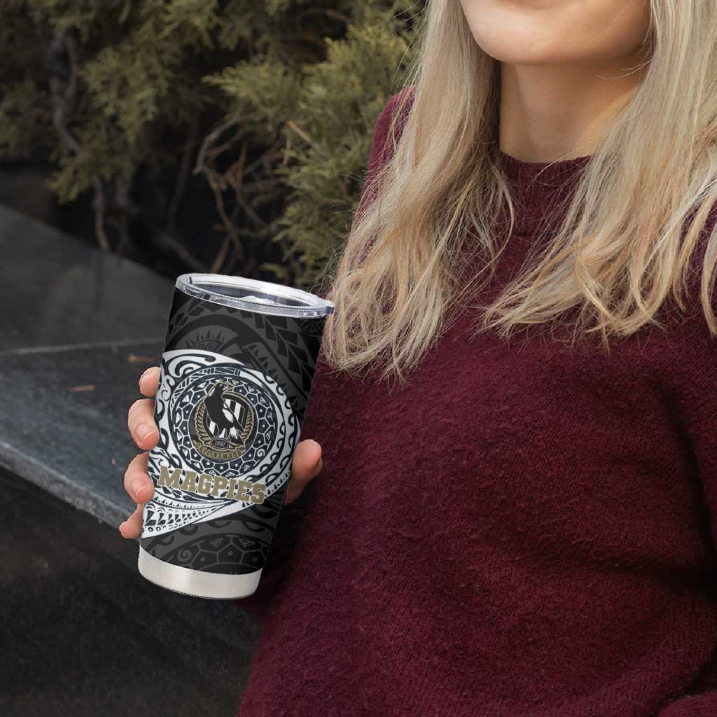 Personalized Collingwood Magpies Polynesian Tumbler Cup Tribal Chest and Sleeve Tattoo Heritage Warrior