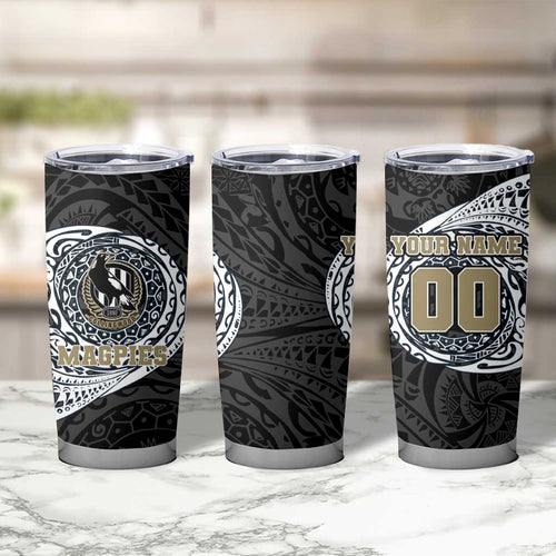 Personalized Collingwood Magpies Polynesian Tumbler Cup Tribal Chest and Sleeve Tattoo Heritage Warrior