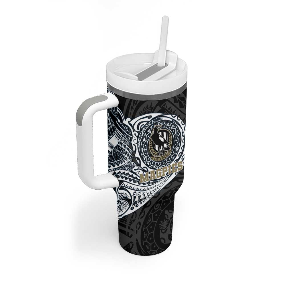 Personalized Collingwood Magpies Polynesian Tumbler With Handle Tribal Chest and Sleeve Tattoo Heritage Warrior