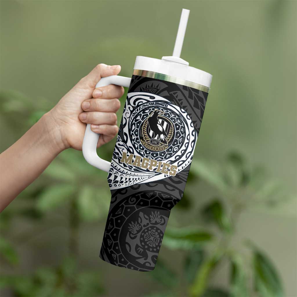 Personalized Collingwood Magpies Polynesian Tumbler With Handle Tribal Chest and Sleeve Tattoo Heritage Warrior