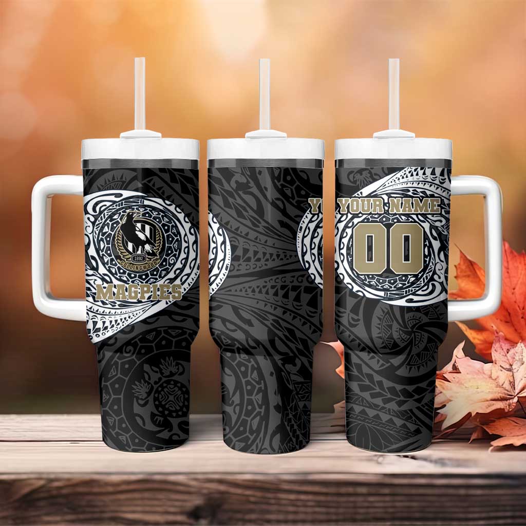 Personalized Collingwood Magpies Polynesian Tumbler With Handle Tribal Chest and Sleeve Tattoo Heritage Warrior