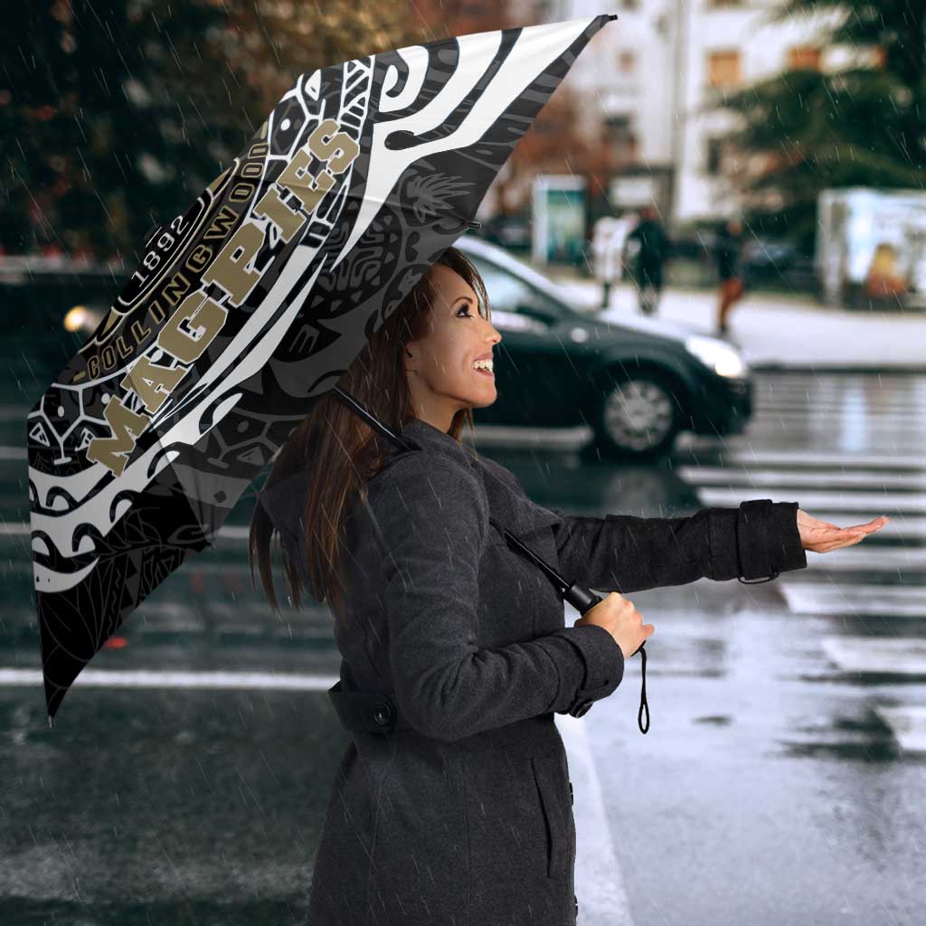 Personalized Collingwood Magpies Polynesian Umbrella Tribal Chest and Sleeve Tattoo Heritage Warrior