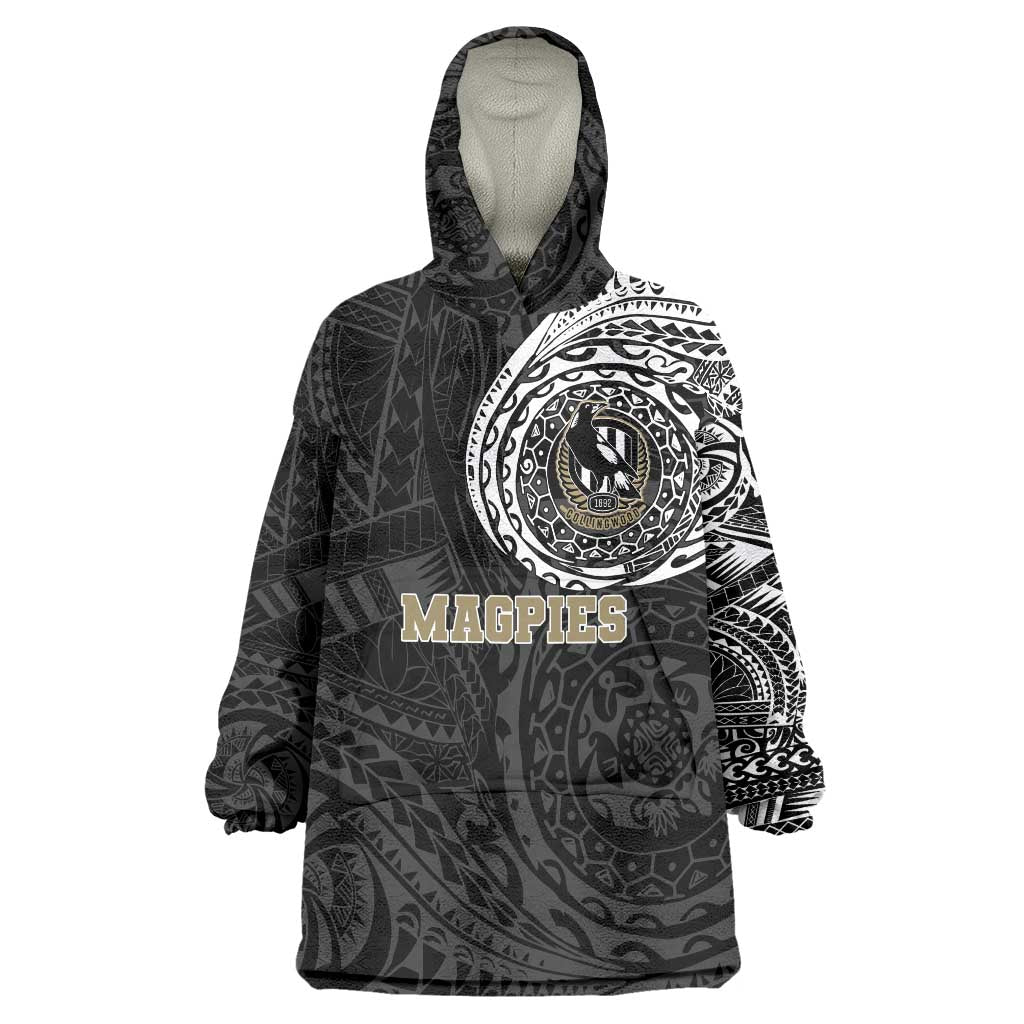 Personalized Collingwood Magpies Polynesian Wearable Blanket Hoodie Tribal Chest and Sleeve Tattoo Heritage Warrior