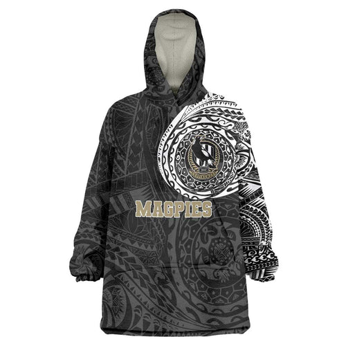 Personalized Collingwood Magpies Polynesian Wearable Blanket Hoodie Tribal Chest and Sleeve Tattoo Heritage Warrior