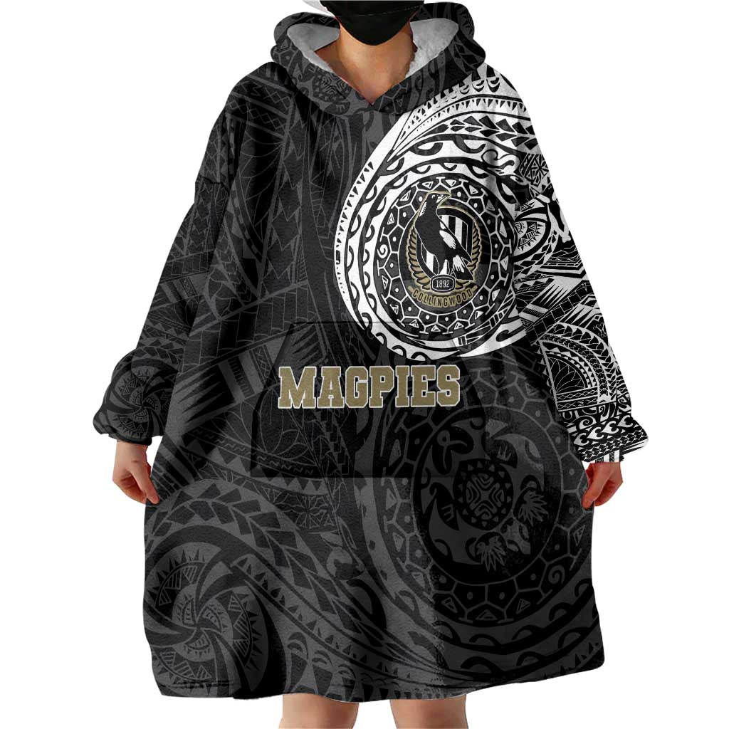 Personalized Collingwood Magpies Polynesian Wearable Blanket Hoodie Tribal Chest and Sleeve Tattoo Heritage Warrior