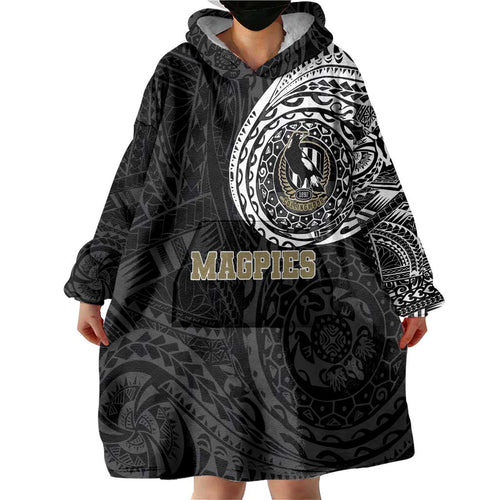 Personalized Collingwood Magpies Polynesian Wearable Blanket Hoodie Tribal Chest and Sleeve Tattoo Heritage Warrior