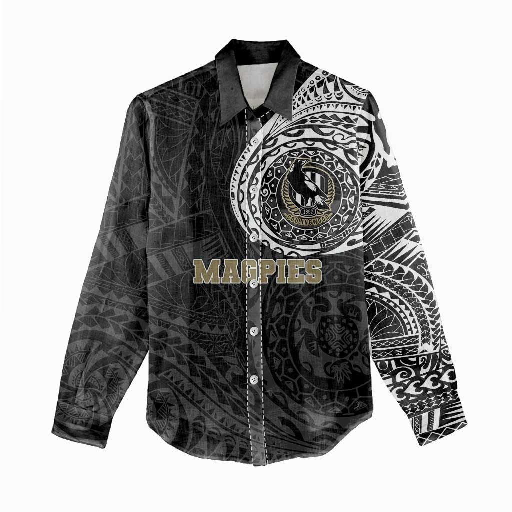 Personalized Collingwood Magpies Polynesian Women Casual Shirt Tribal Chest and Sleeve Tattoo Heritage Warrior
