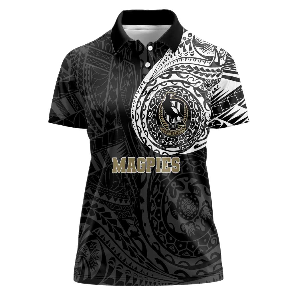 Personalized Collingwood Magpies Polynesian Women Polo Shirt Tribal Chest and Sleeve Tattoo Heritage Warrior