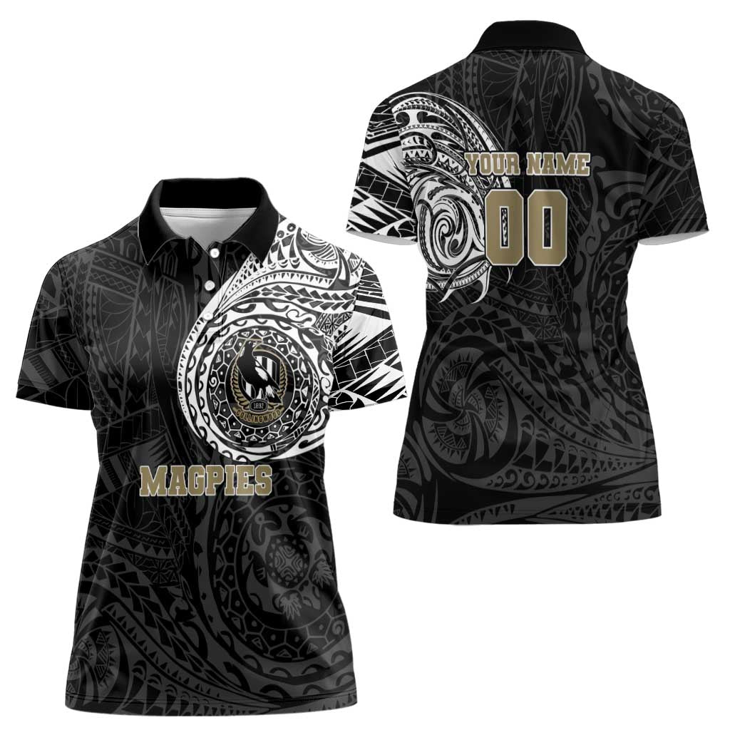 Personalized Collingwood Magpies Polynesian Women Polo Shirt Tribal Chest and Sleeve Tattoo Heritage Warrior