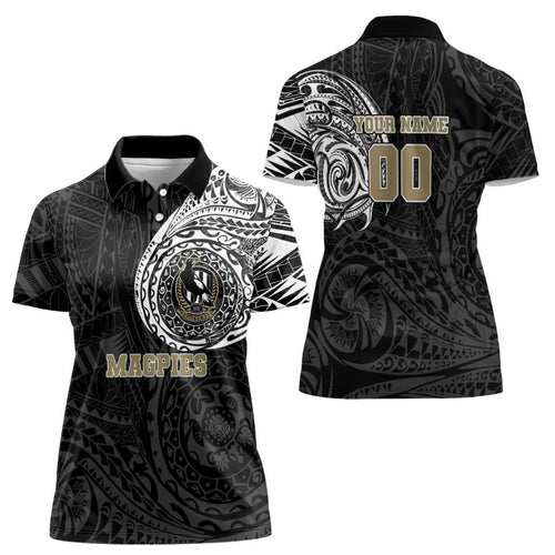Personalized Collingwood Magpies Polynesian Women Polo Shirt Tribal Chest and Sleeve Tattoo Heritage Warrior