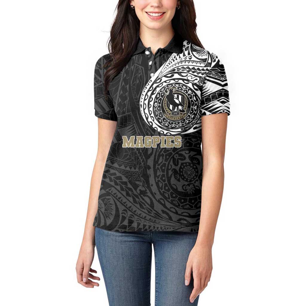 Personalized Collingwood Magpies Polynesian Women Polo Shirt Tribal Chest and Sleeve Tattoo Heritage Warrior