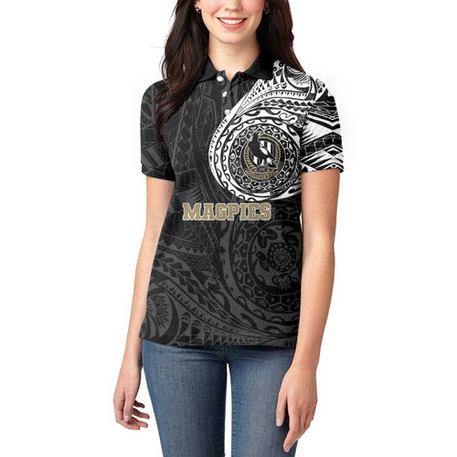 Personalized Collingwood Magpies Polynesian Women Polo Shirt Tribal Chest and Sleeve Tattoo Heritage Warrior