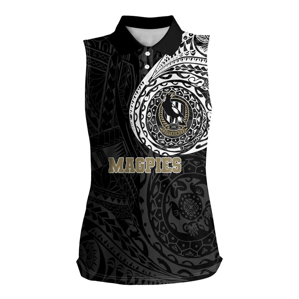 Personalized Collingwood Magpies Polynesian Women Sleeveless Polo Shirt Tribal Chest and Sleeve Tattoo Heritage Warrior