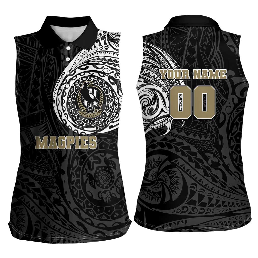 Personalized Collingwood Magpies Polynesian Women Sleeveless Polo Shirt Tribal Chest and Sleeve Tattoo Heritage Warrior
