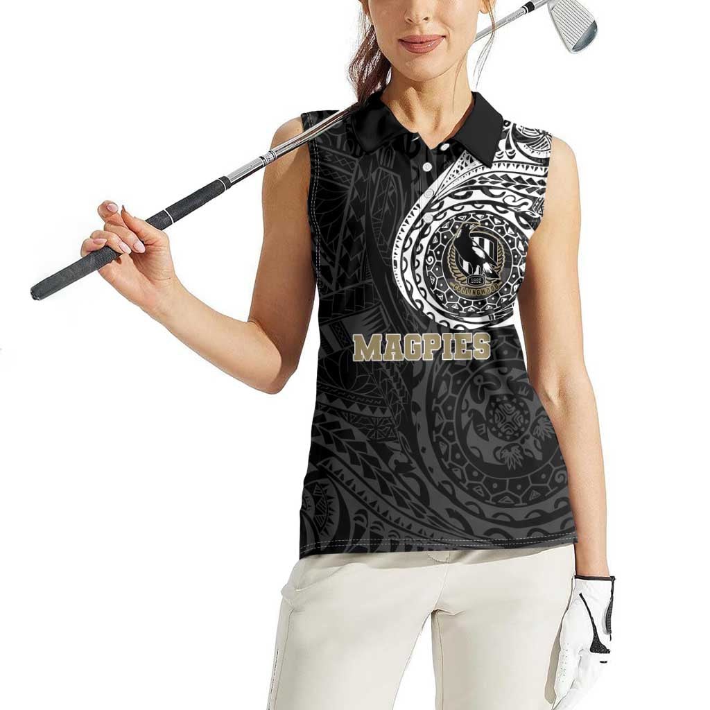 Personalized Collingwood Magpies Polynesian Women Sleeveless Polo Shirt Tribal Chest and Sleeve Tattoo Heritage Warrior