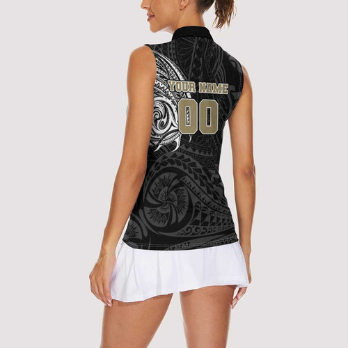 Personalized Collingwood Magpies Polynesian Women Sleeveless Polo Shirt Tribal Chest and Sleeve Tattoo Heritage Warrior