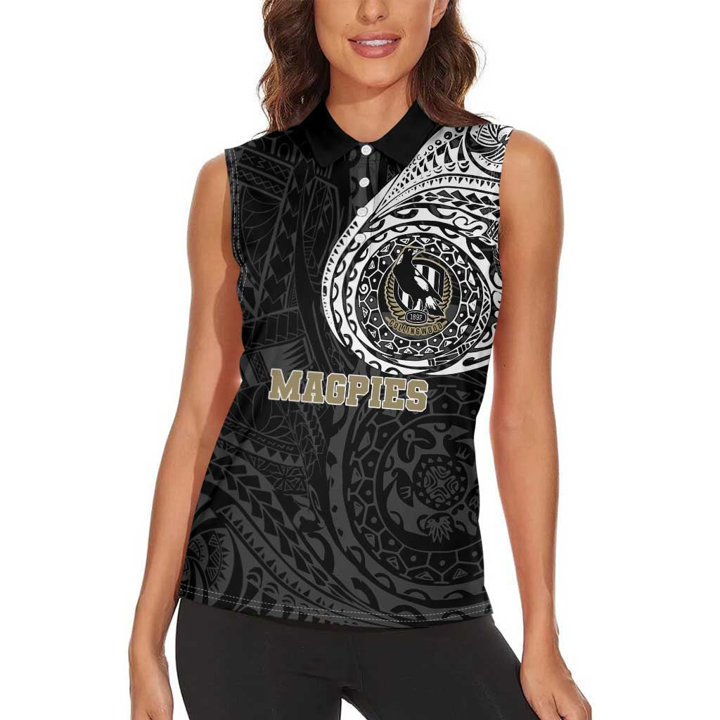 Personalized Collingwood Magpies Polynesian Women Sleeveless Polo Shirt Tribal Chest and Sleeve Tattoo Heritage Warrior