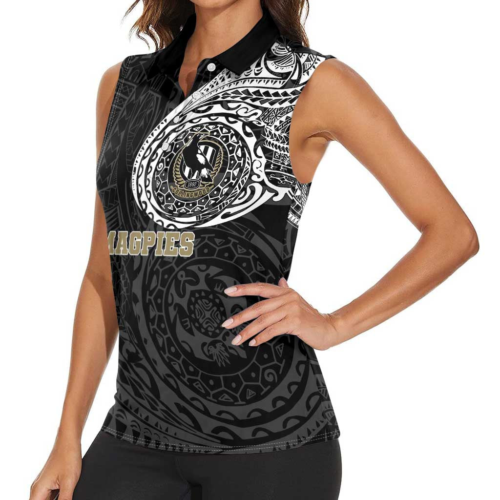 Personalized Collingwood Magpies Polynesian Women Sleeveless Polo Shirt Tribal Chest and Sleeve Tattoo Heritage Warrior