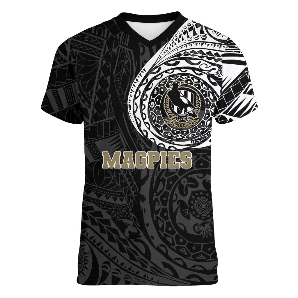 Personalized Collingwood Magpies Polynesian Women V-Neck T-Shirt Tribal Chest and Sleeve Tattoo Heritage Warrior