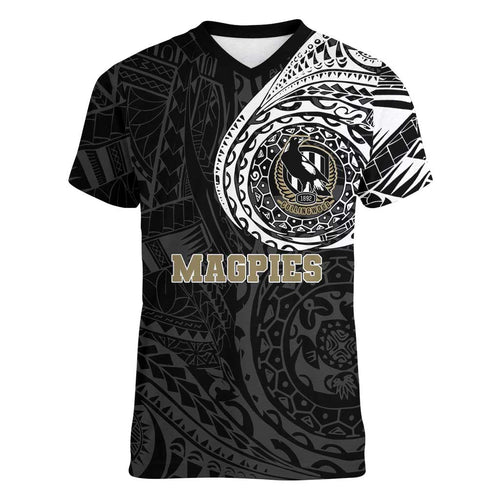Personalized Collingwood Magpies Polynesian Women V-Neck T-Shirt Tribal Chest and Sleeve Tattoo Heritage Warrior