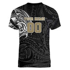 Personalized Collingwood Magpies Polynesian Women V-Neck T-Shirt Tribal Chest and Sleeve Tattoo Heritage Warrior