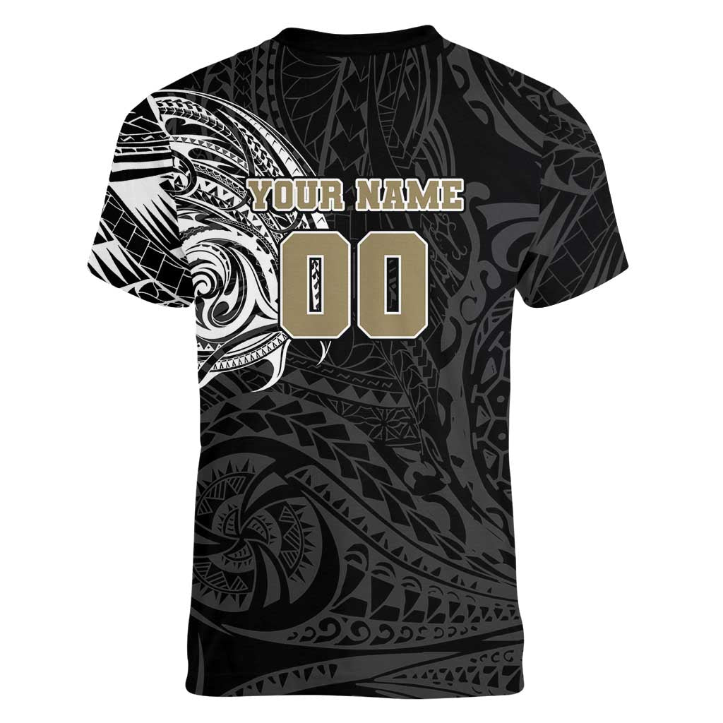 Personalized Collingwood Magpies Polynesian Women V-Neck T-Shirt Tribal Chest and Sleeve Tattoo Heritage Warrior
