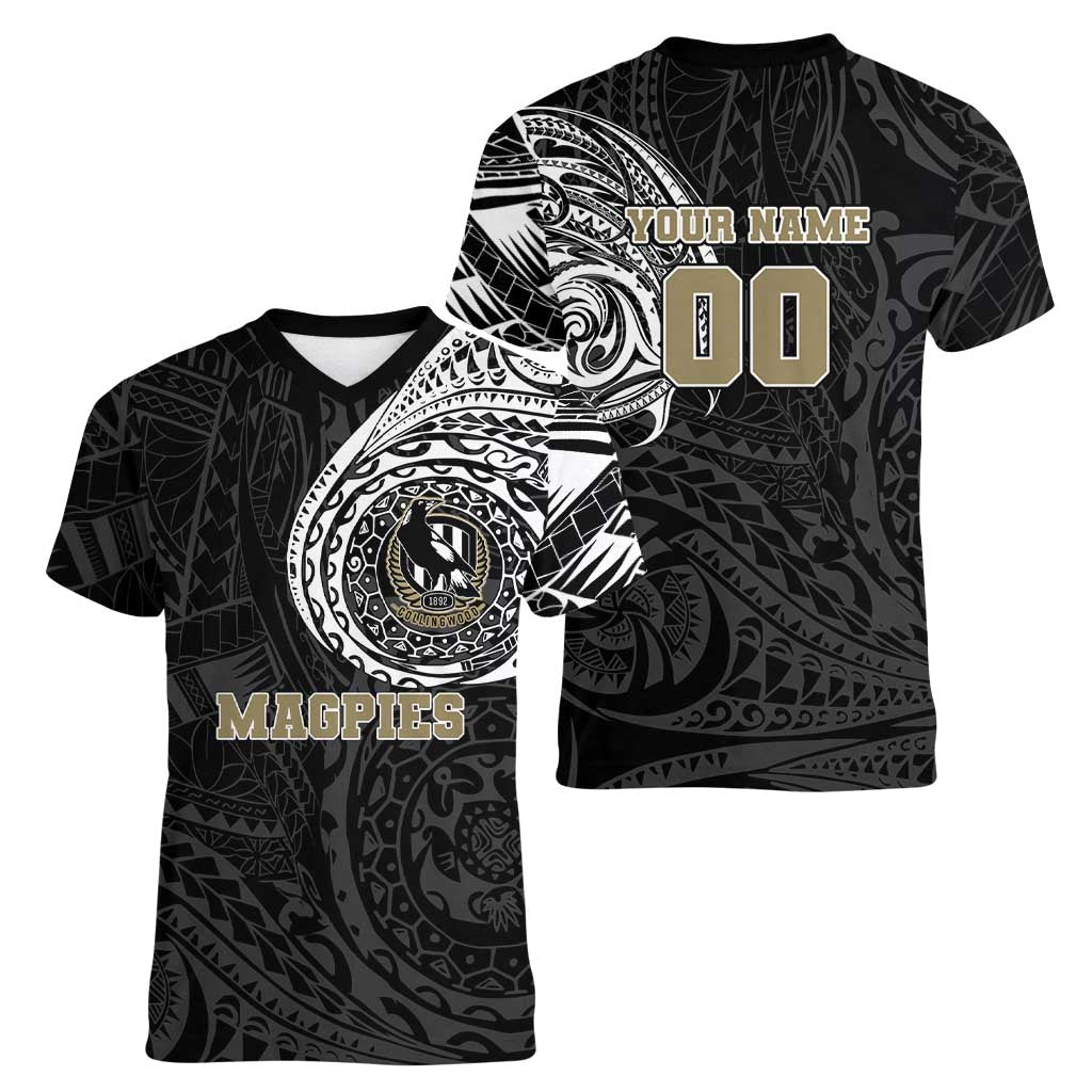 Personalized Collingwood Magpies Polynesian Women V-Neck T-Shirt Tribal Chest and Sleeve Tattoo Heritage Warrior