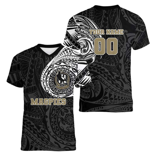 Personalized Collingwood Magpies Polynesian Women V-Neck T-Shirt Tribal Chest and Sleeve Tattoo Heritage Warrior