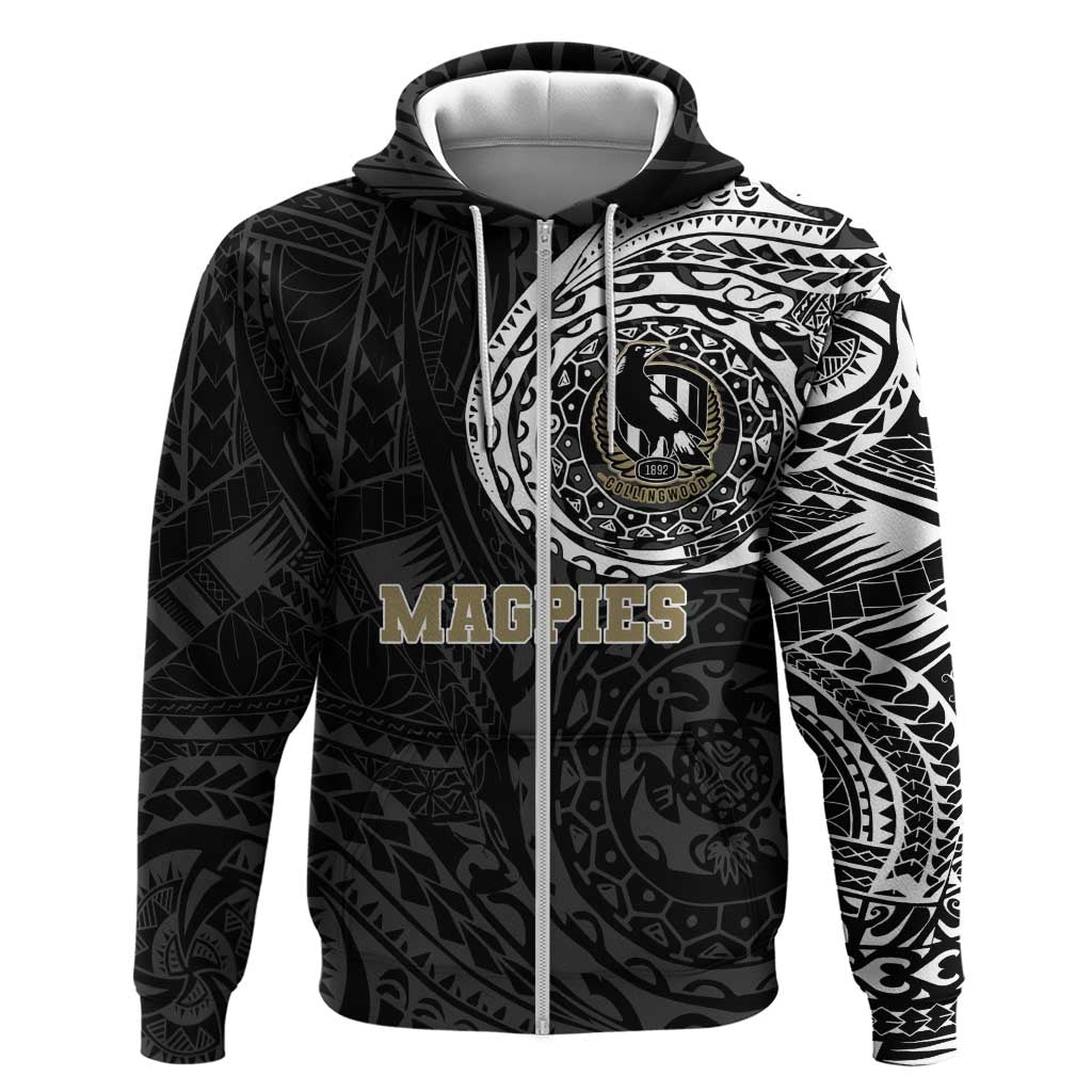 Personalized Collingwood Magpies Polynesian Zip Hoodie Tribal Chest and Sleeve Tattoo Heritage Warrior
