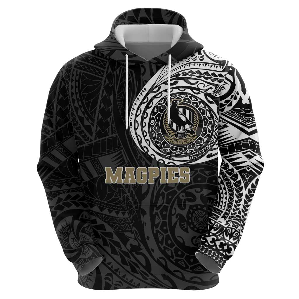 Personalized Collingwood Magpies Polynesian Zip Hoodie Tribal Chest and Sleeve Tattoo Heritage Warrior