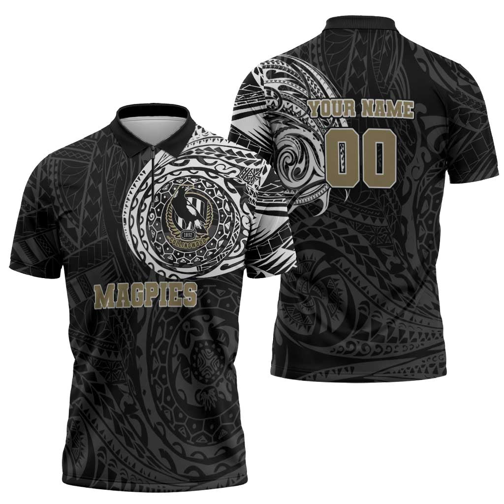 Personalized Collingwood Magpies Polynesian Zipper Polo Shirt Tribal Chest and Sleeve Tattoo Heritage Warrior