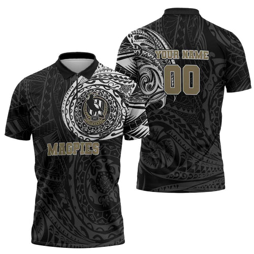 Personalized Collingwood Magpies Polynesian Zipper Polo Shirt Tribal Chest and Sleeve Tattoo Heritage Warrior