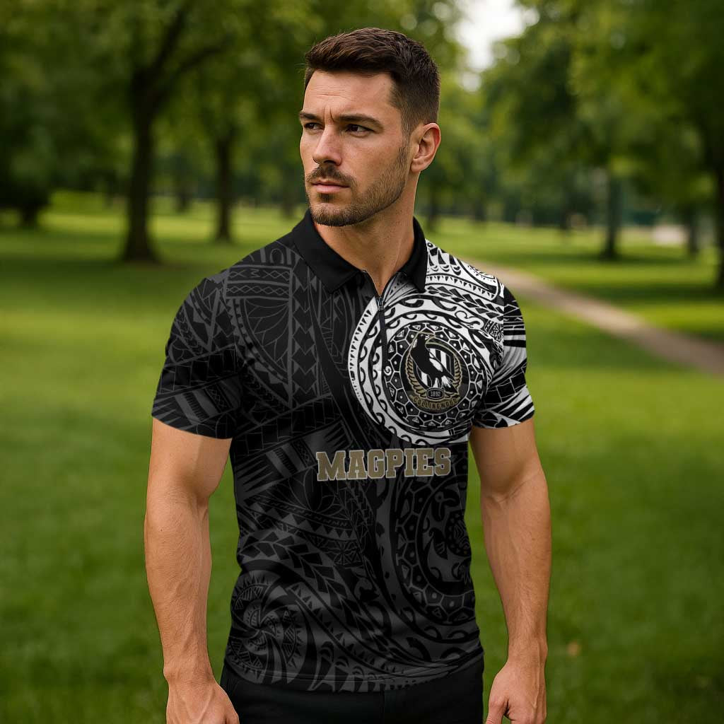 Personalized Collingwood Magpies Polynesian Zipper Polo Shirt Tribal Chest and Sleeve Tattoo Heritage Warrior
