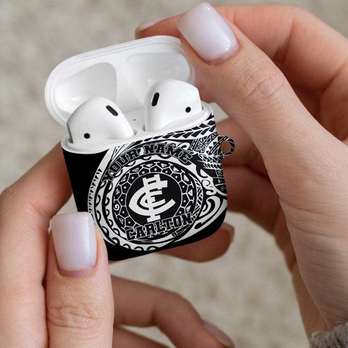 Personalized Carlton Blues Polynesian AirPods Case Tribal Chest and Sleeve Tattoo Heritage Warrior